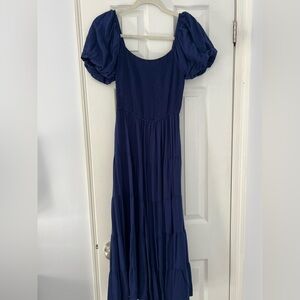 Elegant Navy Blue Puff Sleeve Dress
